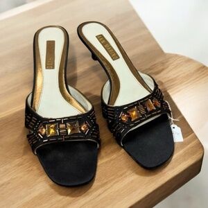 Ann Marino,Heeled Sandals,Black,Sz 6.5,Leather Sole, Rhinestones, Party dress.!